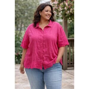 Vintage Linen Blend Embroidered Blouse 2X Pink Boho Cottagecore Plus 1980s 1990s